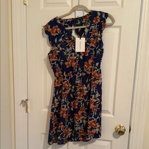 41 Hawthorn Navy Floral Cap-Sleeve Mini Dress with Orange Blooms